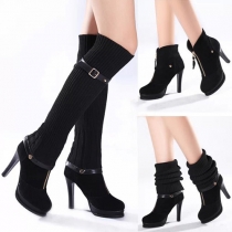 Fashion Round Toe High-heeled Knit Spliced Martin Boots
