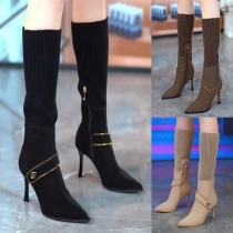 Fashion Round Toe High-heeled Knit Spliced Martin Boots