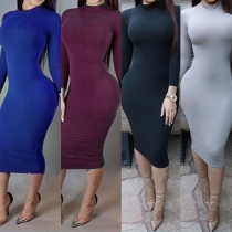 Fashion Solid Color Long Sleeve Stand Collar Slim Fit Dress