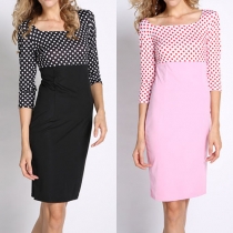 OL Style 3/4 Sleeve Square Collar Dots Printed Dress