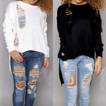 Distressed Style Long Sleeve Round Neck High-low Hem Ripped Sweater