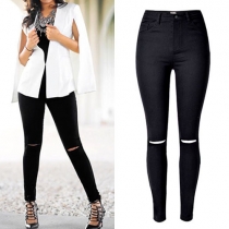 Fashion Solid Color High Waist Stretch Ripped Pencil Pants