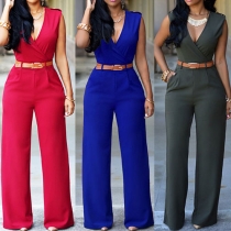 Elegant Solid Color Sleeveless V-neck High Waist Jumpsuits with Waistband