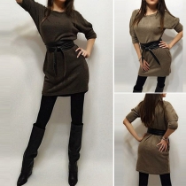 Fashion Solid Color Half Sleeve Round Neck Knit Dress