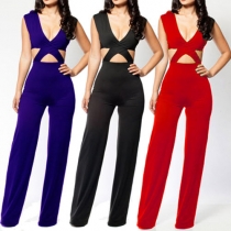 Sexy Deep V-neck Hollow Out High Waist Solid Color Jumpsuits