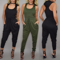 Fashion Solid Color Sleeveless High Waist Hooded Jumpsuits