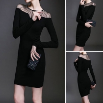 Sexy See-through Gauze Spliced Beaded Round Neck Black Dress