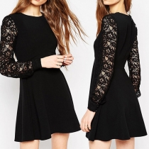 Fashion Lace Spliced Long Sleeve Round Neck Solid Color Dress