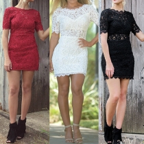 Sexy Backless Short Sleeve Round Neck Slim Fit Lace Dress