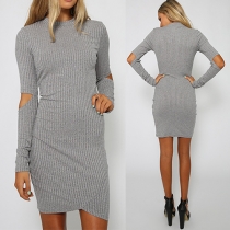 Fashion Solid Color Hollow Out Long Sleeve Round Neck Slim Fit Knit Dress
