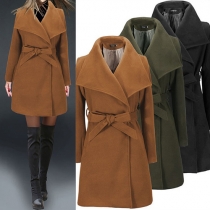 Fashion Solid Color Long Sleeve Woolen Coat with Waist Strap