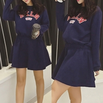 Fashion Long Sleeve Round Neck Gathered Waist Letters Printed Dress