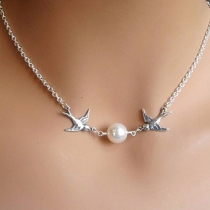 Fashion Silver-tone Lovebirds Pearl Pendant Necklace