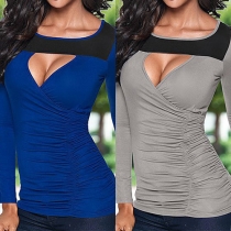 Sexy Hollow Out Round Neck Long Sleeve T-shirt
