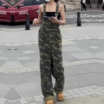 Fashion Sleeveless Round Neck Elastic Waist Camouflage Jumpsuits