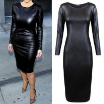 Fashion Solid Color Long Sleeve Round Neck Slim Fit PU Leather Dress