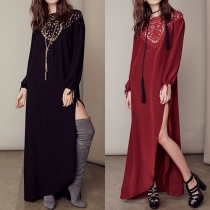 Sexy Backless Hollow Out Lace Spliced Slit Hem Long Sleeve Maxi Dress