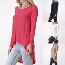 Fashion Solid Color Long Sleeve Round Neck High-low Hem T-shirt