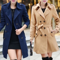 OL Style Long Sleeve Double-breasted Woolen Coat with Waist Strap