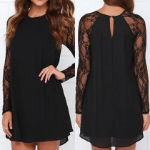 Sexy See-through Lace Spliced Long Sleeve Round Neck Chiffon Dress