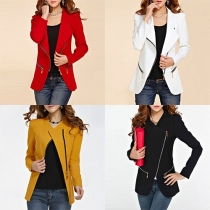 OL Style Solid Color Long Sleeve Lapel Oblique Zipper Slim Fit Jacket