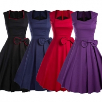 Retro Style Sleeveless Square Collar Bowknot High Waist Dress
