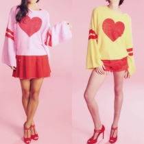 Fashion Heart Pattern Long Sleeve Round Neck Knit Sweater