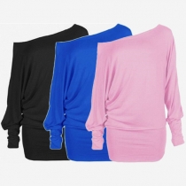 Sexy Oblique Shoulder Long Sleeve Solid Color T-shirt