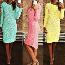 Fashion Solid Color Long Sleeve Round Neck Sweater Dress