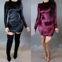Fashion Solid Color Long Sleeve Round Neck Bodycon Dress