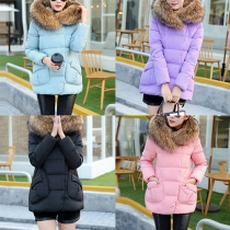Fashion Solid Color Long Sleeve Faux Fur Collar Hooded Padded Coat