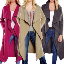 OL Style Long Sleeve Lapel Solid Color Trench Coat