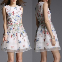 Sweet Style Sleeveless Round Neck Embroidered A-line Dress