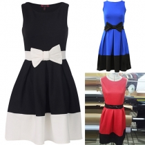 Sweet Bowknot Sleeveless Round Neck Contrast Color Dress