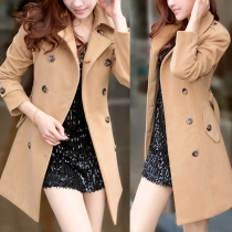OL Style Long Sleeve Double-breasted Solid Color Woolen Coat