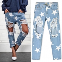 Distressed Style Pentagram Printed Relaxed-fit Ripped Jeans