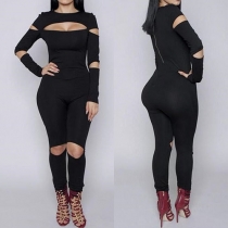 Sexy Hollow Out Long Sleeve Solid Color Slim Fit Jumpsuits
