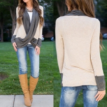 Fashion Contrast Color Long Sleeve Crossover Tops