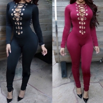 Sexy Lace-up Deep V-neck Solid Color Sheath Jumpsuits