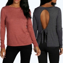 Sexy Backless Hollow Out Lace-up Long Sleeve T-shirt