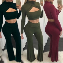 Sexy Long Sleeve Hollow Out Crop Tops + High Waist Pants Two-piece Set