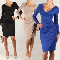 OL Style V-neck Long Sleeve Irregular Hem Slim Fit Dress