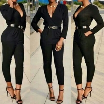 Sexy Deep V-neck Long Sleeve High Waist Solid Color Jumpsuits