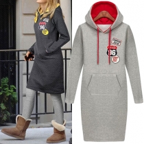 Fashion Kangaroo Pocket Drawstring Hooded Colorblock Long Sleeves Midi Dress