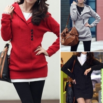 Fashion Dropped V-Neck Button Hooded Long-Sleeved Knit Top