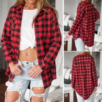 Casual Style Long Sleeve Irregular Hem Loose Plaid Shirt