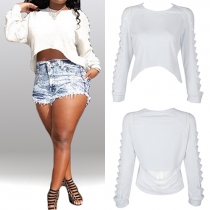 Distressed Style Solid Color Hollow Out Long Sleeve Round Neck T-shirt