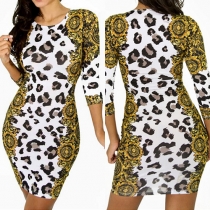 Fashion 3/4 Sleeve Round Neck Leopard Sheath Dress