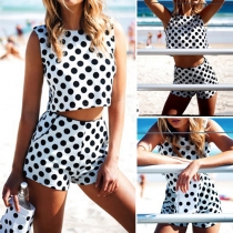 Fashion Dots Printed Sleeveless Crop Tops + Shorts Two-piece Set