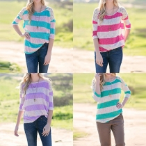 Fashion Lace Spliced Half Sleeve Round Neck Striped T-shirt